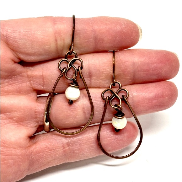HANDMADE Mother of Pearl Wire Wrapped Copper Dangle Earrings, Gift for Mom Her - Picture 8 of 10